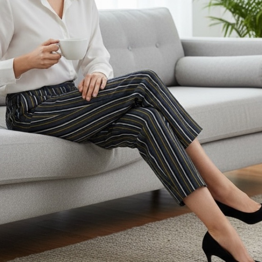 DREW‎ Gray Navy Gold Striped Tapered Career Ankle Pants